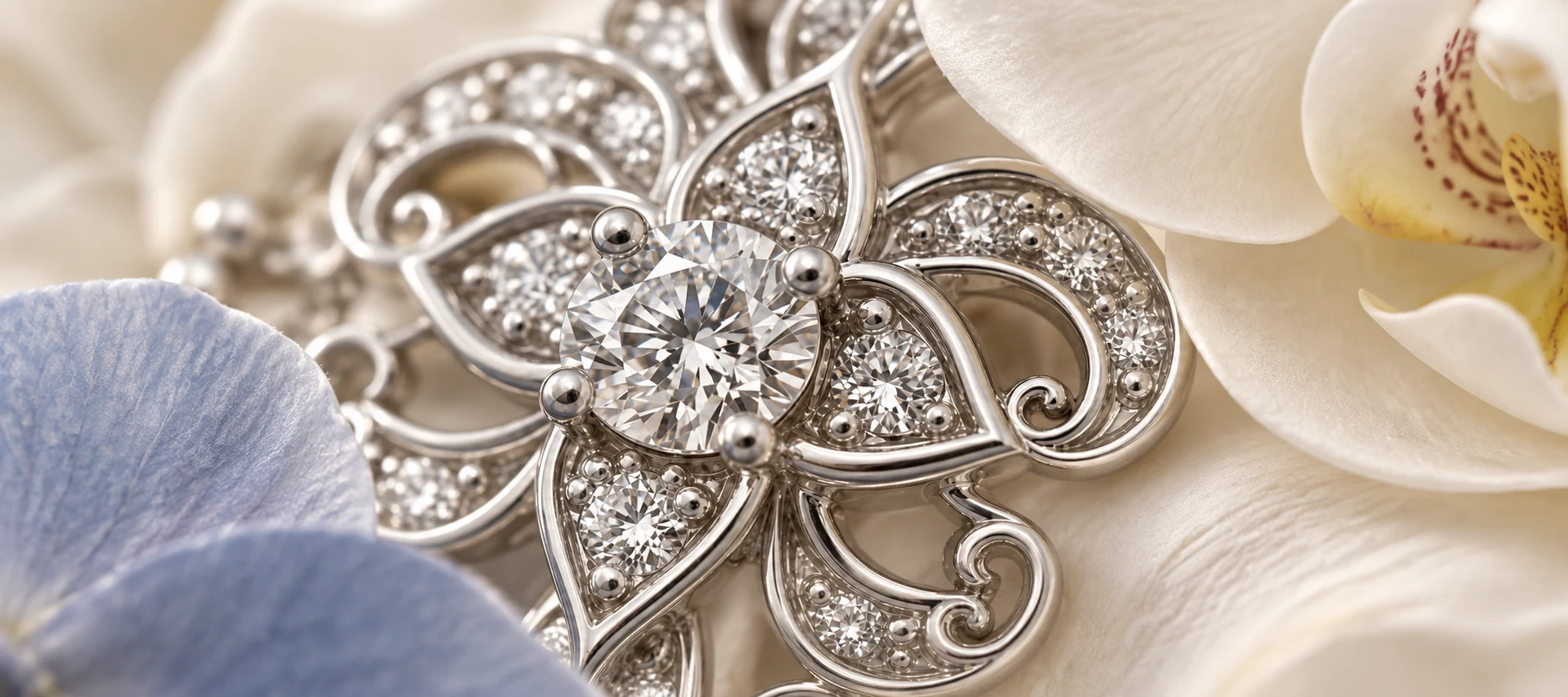 Diamond scrollwork beside ivory orchid and pale blue petals.