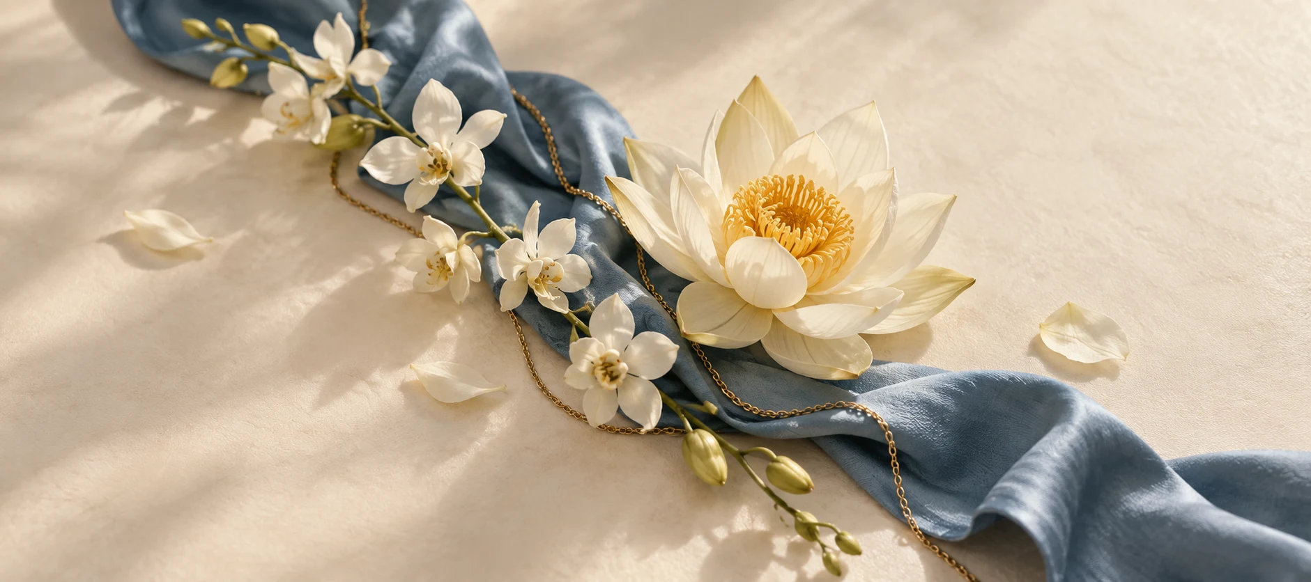 Ivory lotus and orchid flowers across blue silk with a delicate gold chain.
