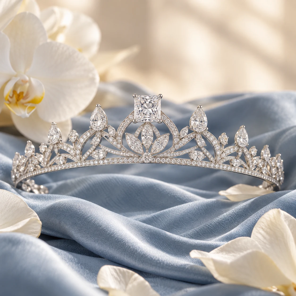 A lotus-inspired diamond tiara with a square center stone, on blue silk beside ivory orchids.