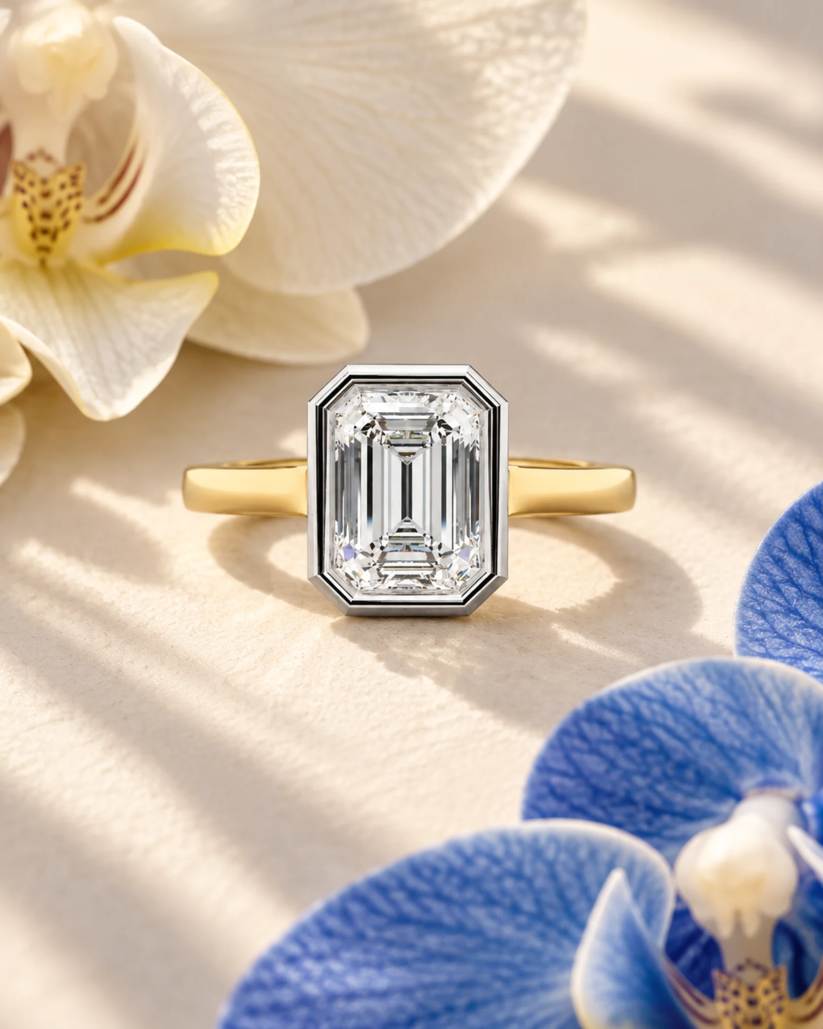 Apsara Emerald River bezel ring, No.00427, among ivory and blue orchids.