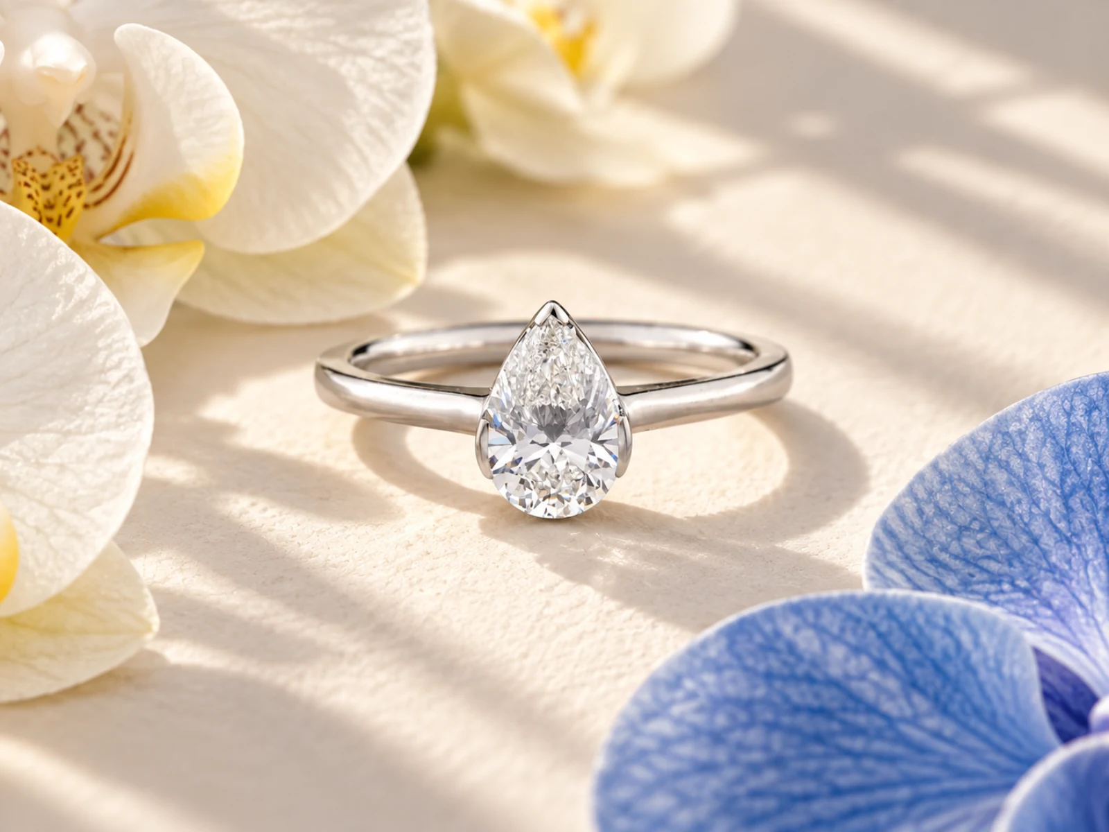 Kbach Pear Stillness ring, No.00270, among ivory and blue orchids.